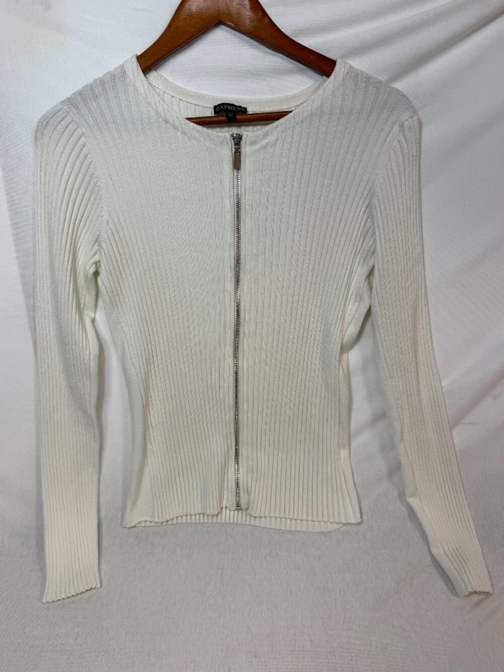 Express Zip Front Sweater L Large Ribbed White Soft Rayon Nylon Knit Cardigan